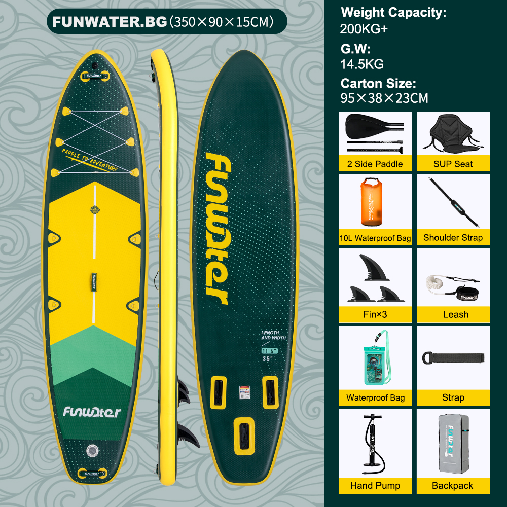 Надуваем падълборд FunWater Adventure Pro Green каяк и седалка 350cm Paddle Board SUP 11'6''