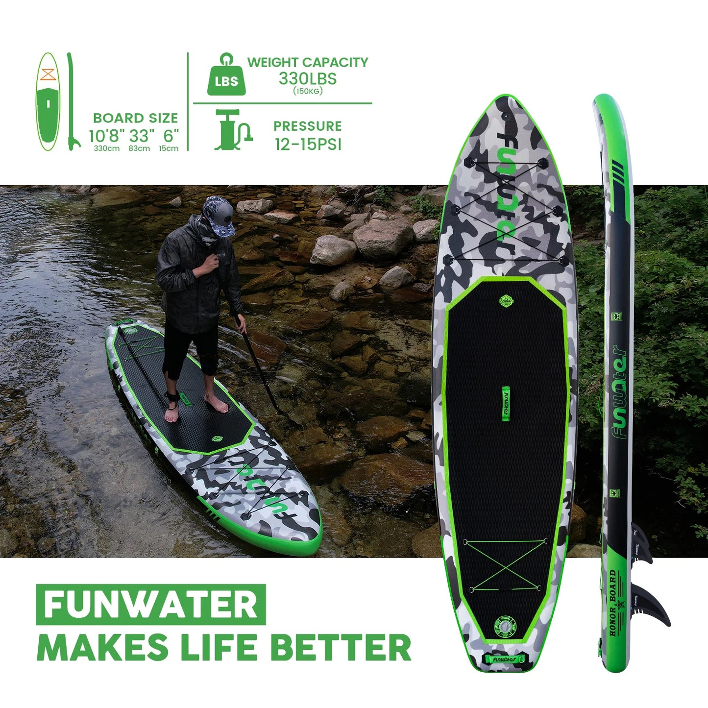 Надуваем падълборд FunWater Honor каяк и седалка 330cm Paddle Board SUP